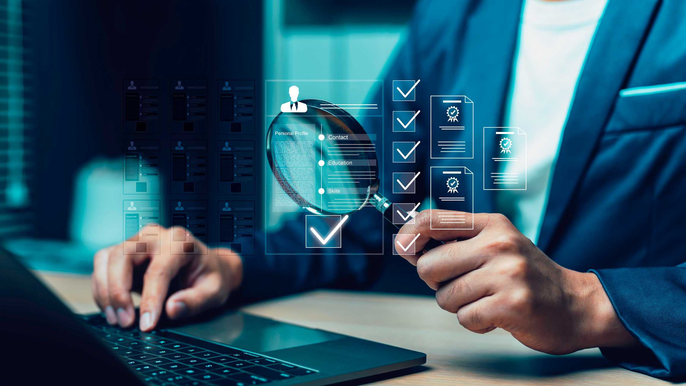 API security ransomware prevention. A person in a suit holds a magnifying glass over a digital checklist interface while typing on a laptop. Digital icons representing documents and approvals float in the air, symbolizing inspection, audit, or verification processes.