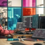 Automated Software Update Services. A man sits in a colorful tech office, focused on coding across multiple monitors in a modern, vibrant workspace.