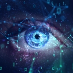 Behavioral analytics ransomware detection. A close-up of a blue digital eye is surrounded by binary code and glowing network lines. The image suggests surveillance, artificial intelligence, or cybersecurity monitoring with a focus on vision technology.