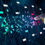 Cloud-Based Email Threat Prevention. The image displays a hand pointing to a complex digital network interface, possibly representing data analysis or cybersecurity infrastructure.