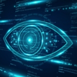 Cyber threat hunting ransomware benefits. A glowing digital eye graphic overlays a dark screen filled with code, symbolizing cybersecurity, surveillance, or AI vision systems.