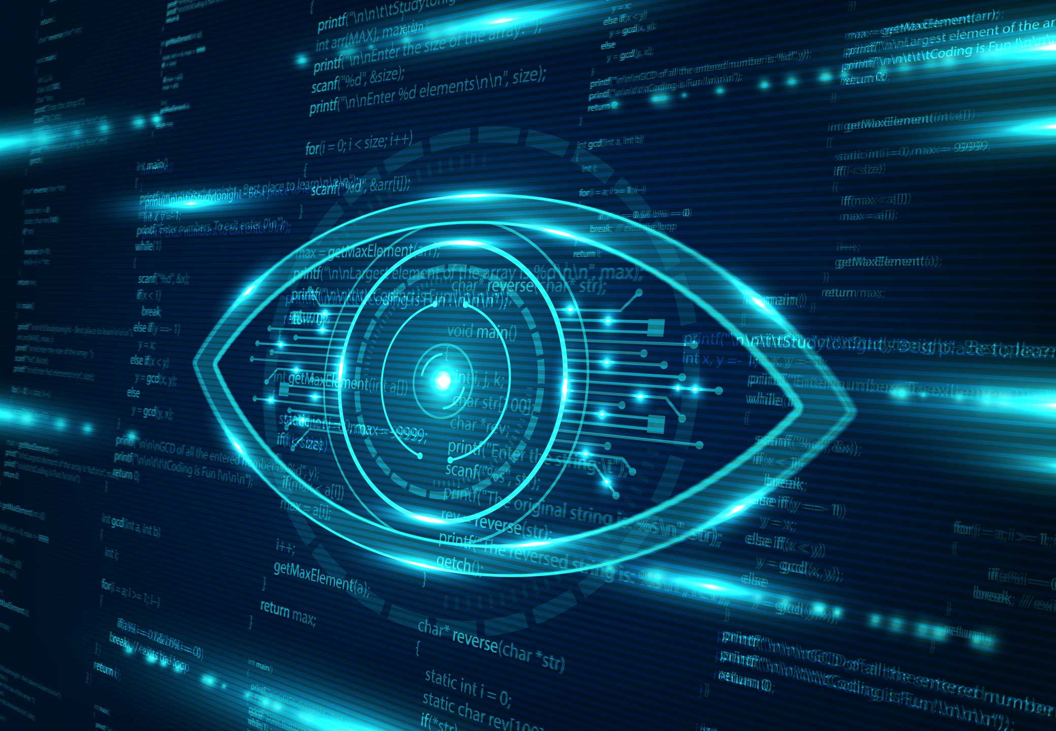 Cyber threat hunting ransomware benefits. A glowing digital eye graphic overlays a dark screen filled with code, symbolizing cybersecurity, surveillance, or AI vision systems.