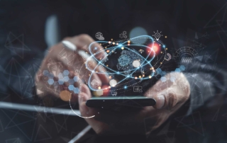 Email Attachment Security Filtering. A close-up of a person holding a smartphone. Overlaid digital graphics show interconnected data networks, including icons for cloud computing, connectivity, and security. The focus is on the swirling data visualizations, suggesting fast-paced mobile technology and digital interaction.