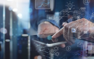 Email Malware Protection Services. The image shows a hand using a smartphone, overlaid with digital icons representing cloud services and connectivity.
