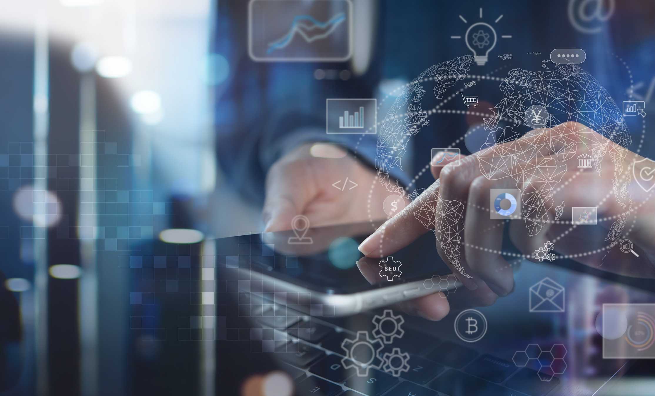Email Malware Protection Services. The image shows a hand using a smartphone, overlaid with digital icons representing cloud services and connectivity.