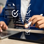 Employee Cyber Hygiene Training. A person in business attire uses a stylus to check off floating digital checkboxes and form icons over a laptop and tablet. It illustrates modern digital workflow, approval systems, or incident reporting.