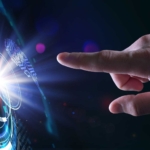 Encrypted Data Recovery Services. A suited hand reaches toward a glowing circular interface made of layered, rotating digital rings. The visual resembles high-tech touchscreens and suggests interaction with a secure digital system or dashboard.