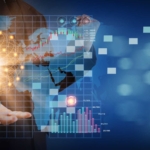 Immutable Data Backup Solutions. A digitally enhanced image shows a person holding a glowing globe that represents global connectivity. Data charts, world maps, and pixel-like elements float around the hands, conveying ideas of international networks, big data, and digital infrastructure.