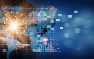 Immutable Data Backup Solutions. A digitally enhanced image shows a person holding a glowing globe that represents global connectivity. Data charts, world maps, and pixel-like elements float around the hands, conveying ideas of international networks, big data, and digital infrastructure.