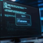 Legacy System Patch Management. A glowing computer monitor displays a login prompt with a password input field. Code scrolls in the background, emphasizing themes of access control, system security, and digital authentication.