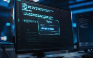 Legacy System Patch Management. A glowing computer monitor displays a login prompt with a password input field. Code scrolls in the background, emphasizing themes of access control, system security, and digital authentication.