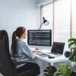 Network Traffic Analysis Services. A woman is working at a white desk in a bright home office, using a desktop and laptop with code on the screens, surrounded by green houseplants and blinds filtering in natural light.