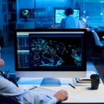 Patch Management for Compliance. A man sits at a desk in a dimly lit control room, facing a large monitor displaying a global cyber map with glowing data points. Multiple screens line the room, and another person works in the background. The environment feels tense and analytical, like a command center monitoring cyber threats in real time.