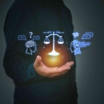 Ransomware recovery budgeting. A person holds glowing digital scales of justice, flanked by symbols of AI and human thinking, reflecting themes of ethics in artificial intelligence.