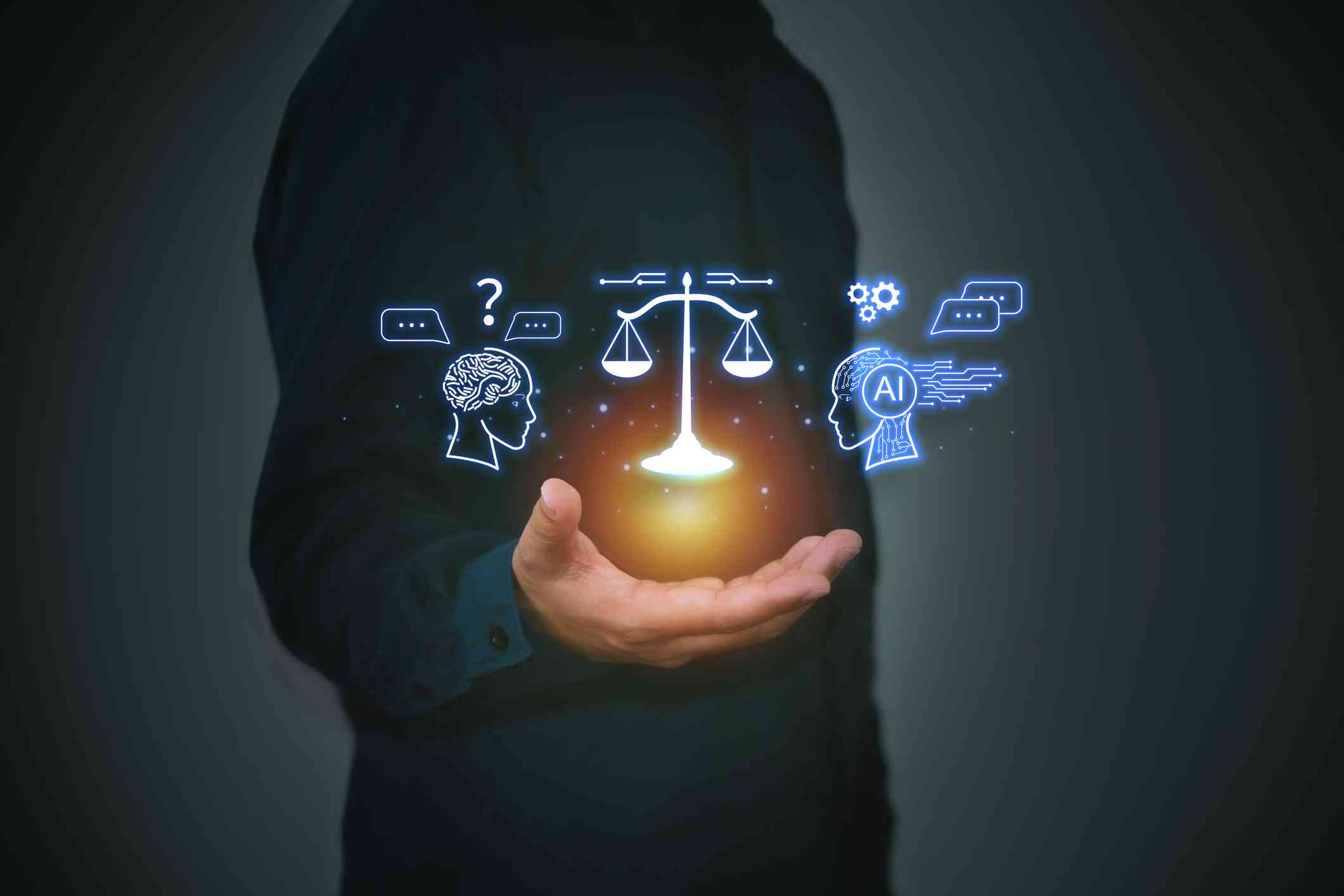 Ransomware recovery budgeting. A person holds glowing digital scales of justice, flanked by symbols of AI and human thinking, reflecting themes of ethics in artificial intelligence.