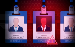 User access controls ransomware prevention. The image shows three digital employee ID badges; the center one is glowing red with a warning triangle, indicating a security threat or unauthorized access.