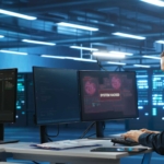 Workforce Cybersecurity Preparedness. This image shows a man sitting at a desk in a dark, high-tech room filled with glowing lights and large monitors. He is focused on one of the central screens, which displays a bright warning message that reads "SYSTEM HACKED" in bold letters. The surrounding monitors show lines of code and system data, indicating a cybersecurity breach or active incident response. The overall mood is tense and urgent, with the blue-lit room emphasizing a secure data center or operations hub.