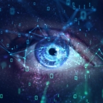 Cybersecurity Skills Development. This image features a digitally enhanced human eye at the center, glowing in vivid blue tones. Binary code (0s and 1s) floats across the scene, with lines and nodes forming a network-like overlay—suggesting data flow or connectivity. The background is a deep galaxy-like space, blending purples and blues, evoking a futuristic, tech-driven theme. The image symbolizes AI vision, surveillance, or digital identity. It's a striking visual often used to represent machine learning, cybersecurity, or biometric scanning.