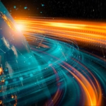 Cybersecurity Training for Compliance. A colorful abstract image showing the Earth and bright orange and teal light streaks curving across it.