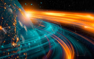 Cybersecurity Training for Compliance. A colorful abstract image showing the Earth and bright orange and teal light streaks curving across it.