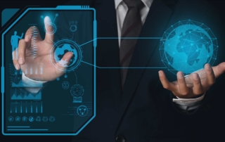 DevSecOps ransomware integration. A person in a business suit holding a glowing holographic globe connected to a transparent futuristic display panel with various icons and data visuals.