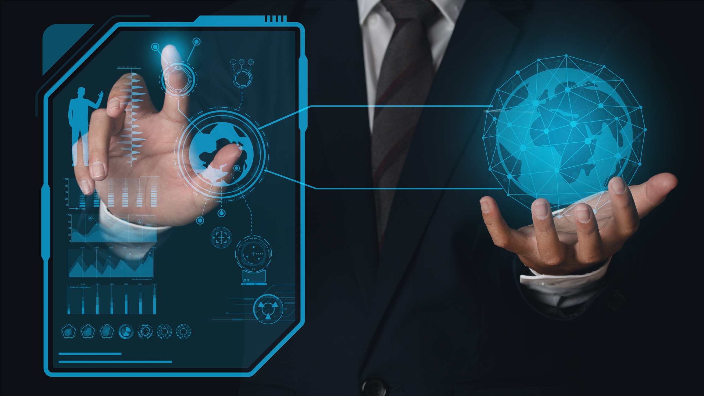 DevSecOps ransomware integration. A person in a business suit holding a glowing holographic globe connected to a transparent futuristic display panel with various icons and data visuals.