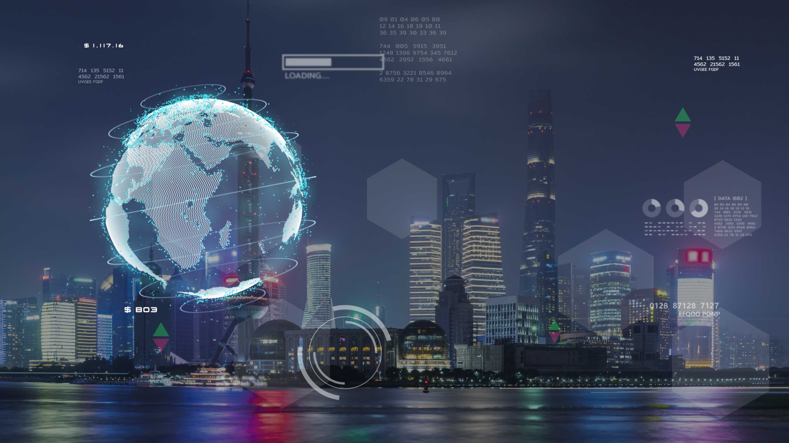 Email Anti-Phishing Solutions. A glowing digital globe hovers above a nighttime city skyline, with holographic graphs and data surrounding it.