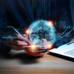 Email Threat Prevention for Compliance. A person in a suit holds a smartphone, with a holographic globe and digital data streams connecting to a nearby laptop.