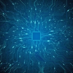 Extended Detection and Response (XDR). A digital illustration of a glowing blue microchip in the center, with lines branching out like circuitry across the image, symbolizing data processing or network connectivity.