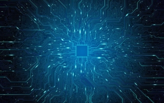 Extended Detection and Response (XDR). A digital illustration of a glowing blue microchip in the center, with lines branching out like circuitry across the image, symbolizing data processing or network connectivity.