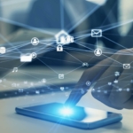 Network Performance and Security Monitoring. A hand touches a smartphone, and a network of glowing lines and icons (like locks, mail, users) spreads out from it, resembling a digital web.