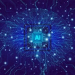 Network Segmentation for Ransomware. A digital illustration of a glowing AI microchip in the center, with blue circuitry lines radiating outward against a dark background, representing artificial intelligence and computing power.