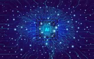 Network Segmentation for Ransomware. A digital illustration of a glowing AI microchip in the center, with blue circuitry lines radiating outward against a dark background, representing artificial intelligence and computing power.