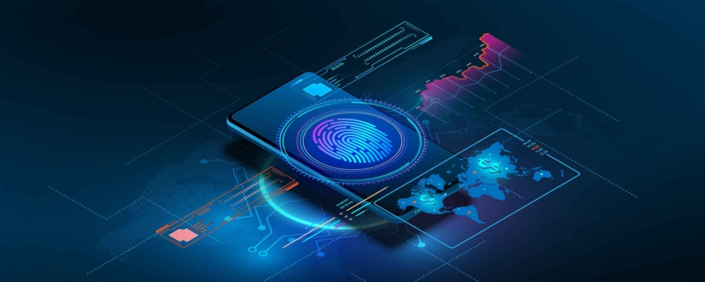 Ransomware Recovery Optimization. A smartphone lies at the center of a digital landscape, glowing in blue and purple tones. The phone displays a large fingerprint icon, indicating biometric security. Surrounding it are graphical overlays of charts, circuit-like lines, and a digital world map—suggesting themes of mobile cybersecurity, identity verification, or secure authentication.