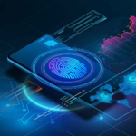 Ransomware Recovery Optimization. A smartphone lies at the center of a digital landscape, glowing in blue and purple tones. The phone displays a large fingerprint icon, indicating biometric security. Surrounding it are graphical overlays of charts, circuit-like lines, and a digital world map—suggesting themes of mobile cybersecurity, identity verification, or secure authentication.