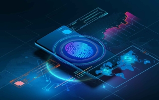 Ransomware Recovery Optimization. A smartphone lies at the center of a digital landscape, glowing in blue and purple tones. The phone displays a large fingerprint icon, indicating biometric security. Surrounding it are graphical overlays of charts, circuit-like lines, and a digital world map—suggesting themes of mobile cybersecurity, identity verification, or secure authentication.