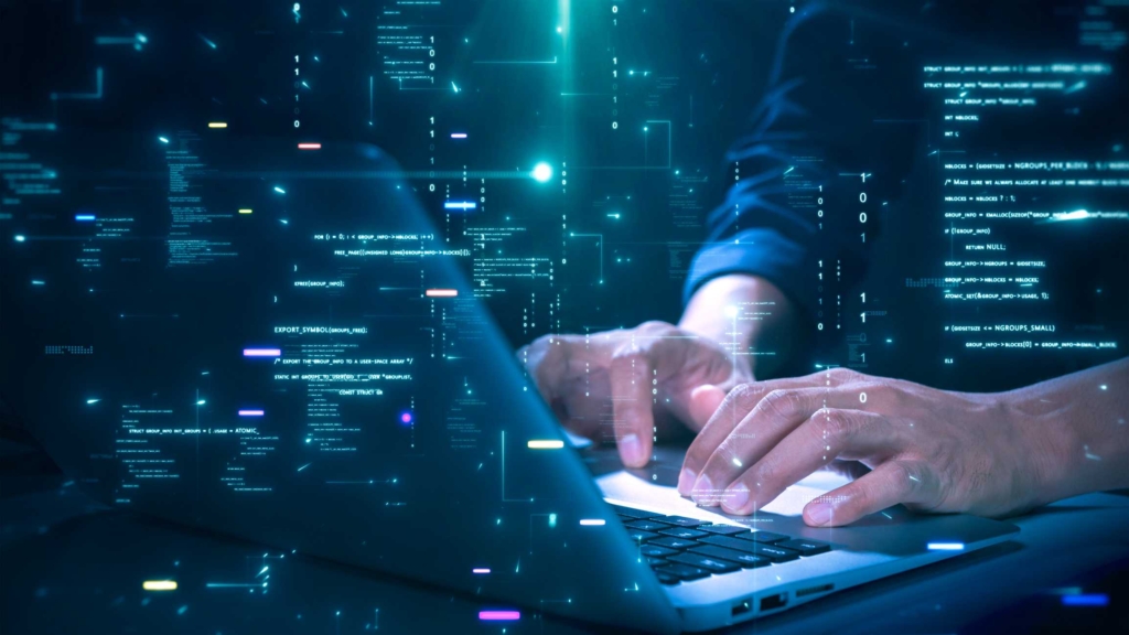 Ransomware impact on customer trust. lose-up of hands on a laptop keyboard with glowing code and digital particles floating around, giving a high-tech, programming or hacking impression.