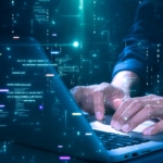 Ransomware impact on customer trust. lose-up of hands on a laptop keyboard with glowing code and digital particles floating around, giving a high-tech, programming or hacking impression.