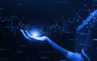 Remote Work Security Challenges. A glowing blue orb floats above an outstretched hand, surrounded by a digital web of interconnected points and lines. The background is dark, giving a sense of deep technology or artificial intelligence. The imagery communicates network data visualization, digital empowerment, or emerging tech in human hands.