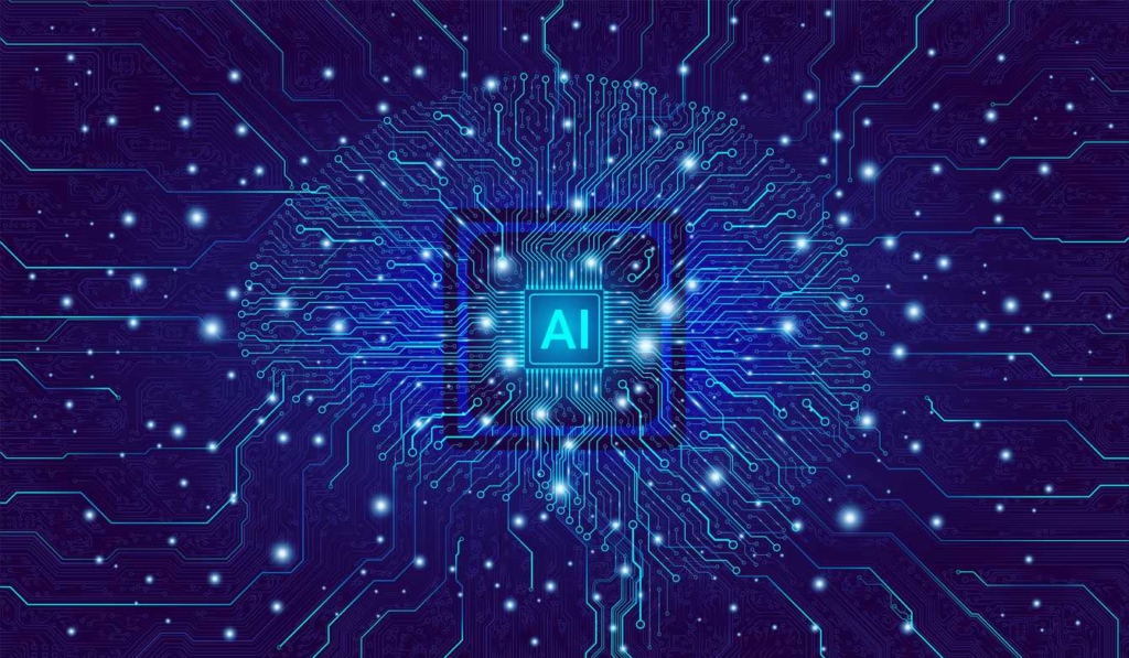 AI chip connected to a digital network, representing artificial intelligence automating roles within cybercrime and ransomware operations.