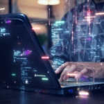 Cyber Threat Modeling Techniques. A person typing on a laptop in a dimly lit room. Bright, multicolored lines of code and data streams appear as glowing overlays, giving a sense of high-tech programming or cyber activity.