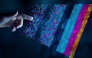 Ransomware Cyber Insurance Planning. A hand reaches toward multicolored vertical digital bars arranged in rows, appearing almost like audio waveforms or data blocks. The futuristic setting implies data analysis, AI processing, or interactive dashboards.