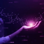API Gateway Security Practices. A glowing network of digital purple lines and dots flows out from an open hand. The background is dark, with faint digital text or code. It suggests digital innovation, AI, or secure data control.
