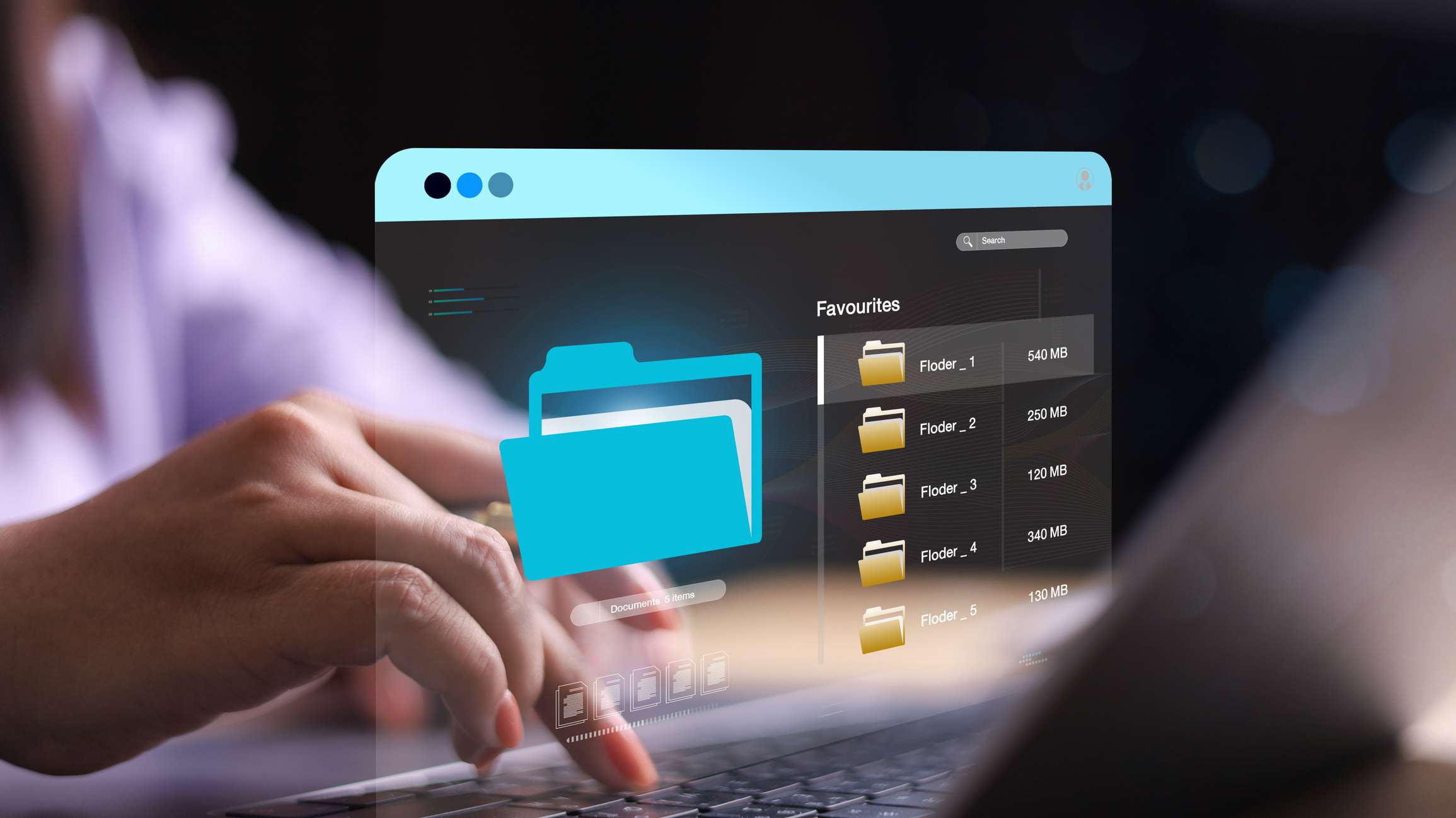 DLP Policy Implementation. Hands typing on a laptop, with a translucent blue window projected above it displaying digital folders and file names. The image symbolizes file management, cloud storage, or secure document access.