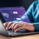 log-management-in-security Log Management in Security. A person typing on a laptop. The laptop screen displays an artificial intelligence interface in purple and blue hues with icons labeled “AI,” text boxes, and a brain graphic, suggesting interaction with an AI chatbot or assistant.