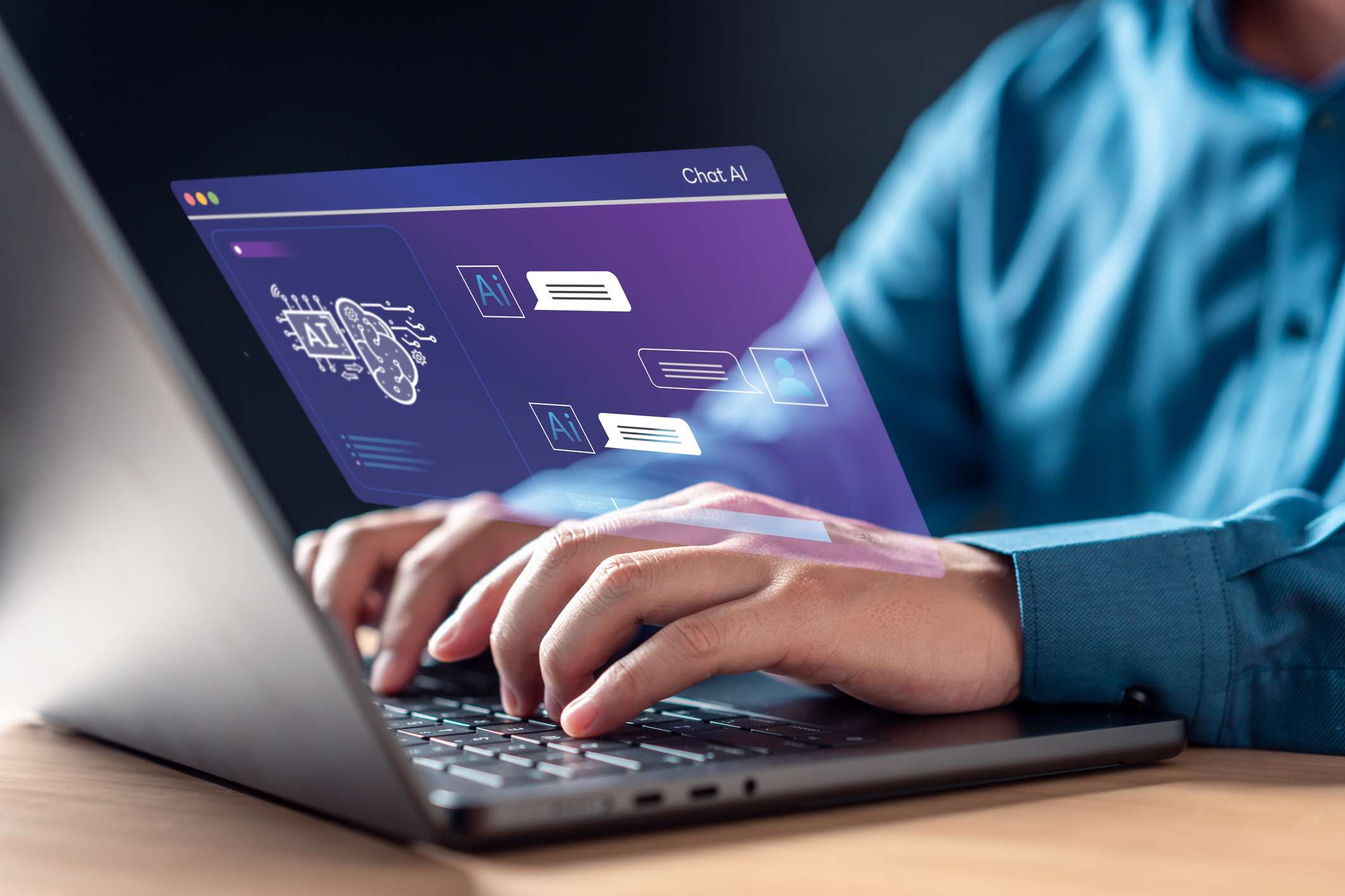 Log Management in Security. A person typing on a laptop. The laptop screen displays an artificial intelligence interface in purple and blue hues with icons labeled “AI,” text boxes, and a brain graphic, suggesting interaction with an AI chatbot or assistant.
