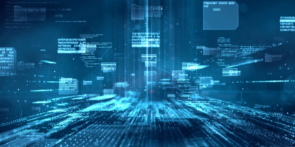 Abstract blue digital network background representing IoT device security management and connected infrastructure monitoring