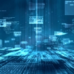 Abstract blue digital network background representing IoT device security management and connected infrastructure monitoring