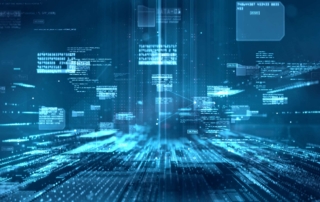 Abstract blue digital network background representing IoT device security management and connected infrastructure monitoring