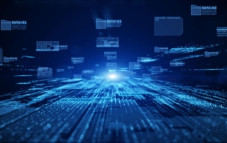 Abstract blue digital data stream representing real-time cybersecurity monitoring and network visibility.